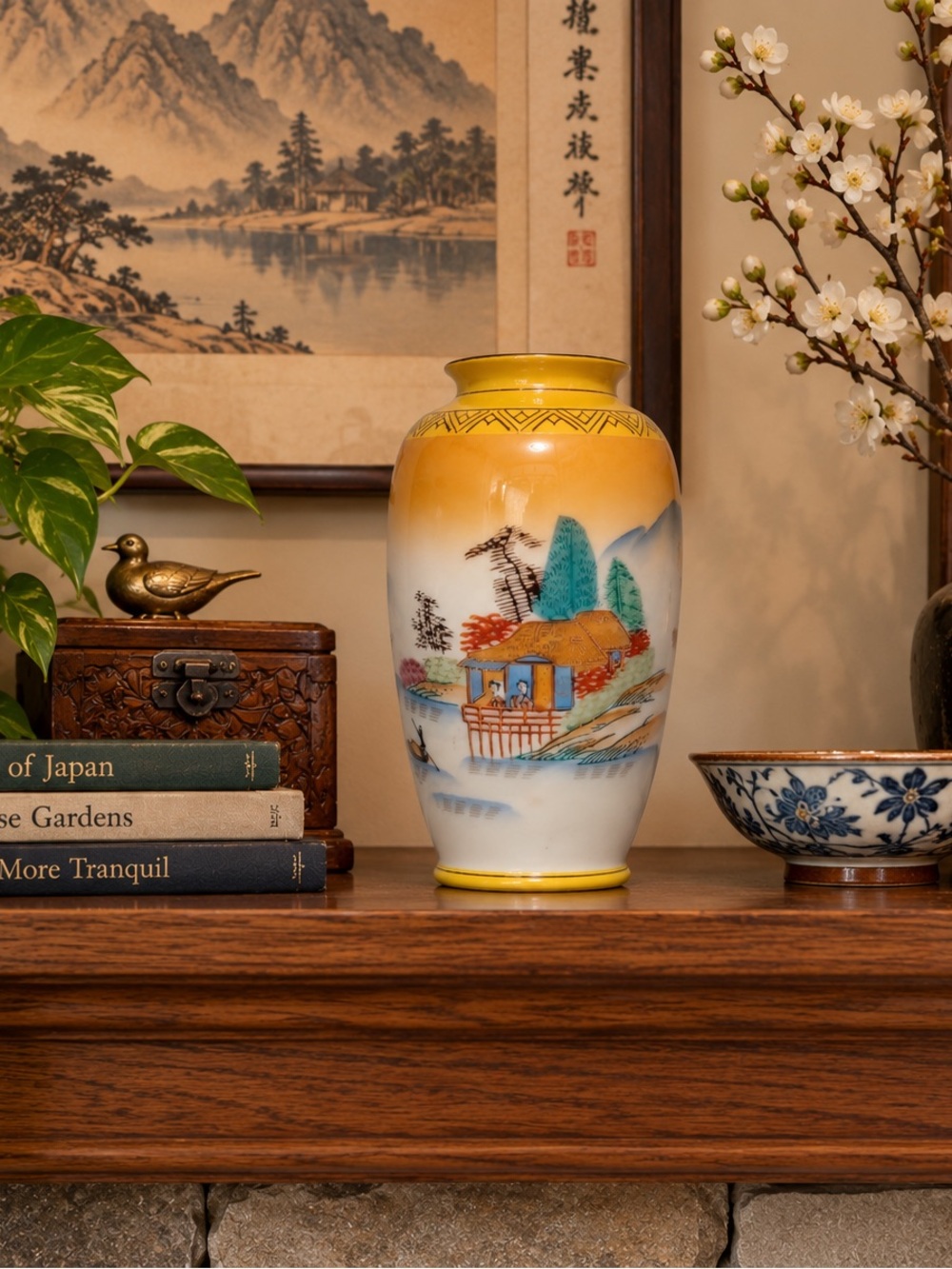 Vintage Made in Japan Hand Painted Landscape Porcelain Vase 7β